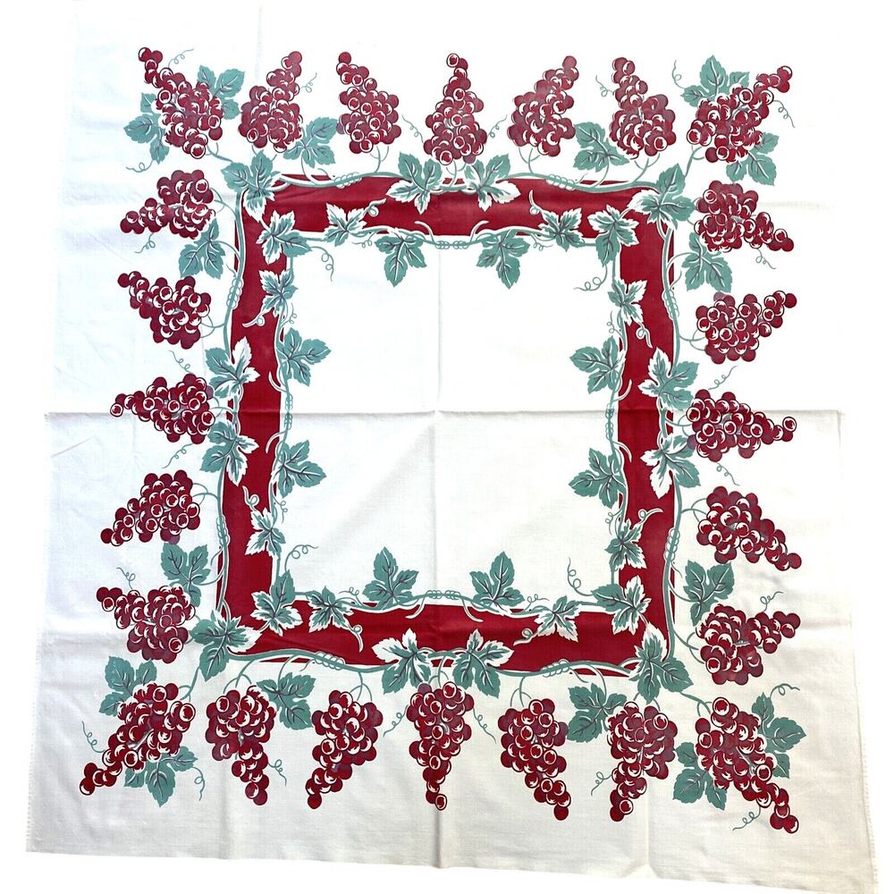 Vintage Mid Century Printed Cotton Tablecloth Red & Mint Green Grapevine Border